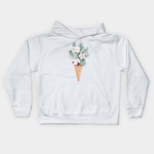 Cotton and eucalyptus bouquet in the waffle cone. Kids Hoodie